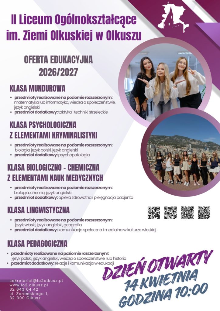 Plakat II LO Olkusz, oferta edukacyjna